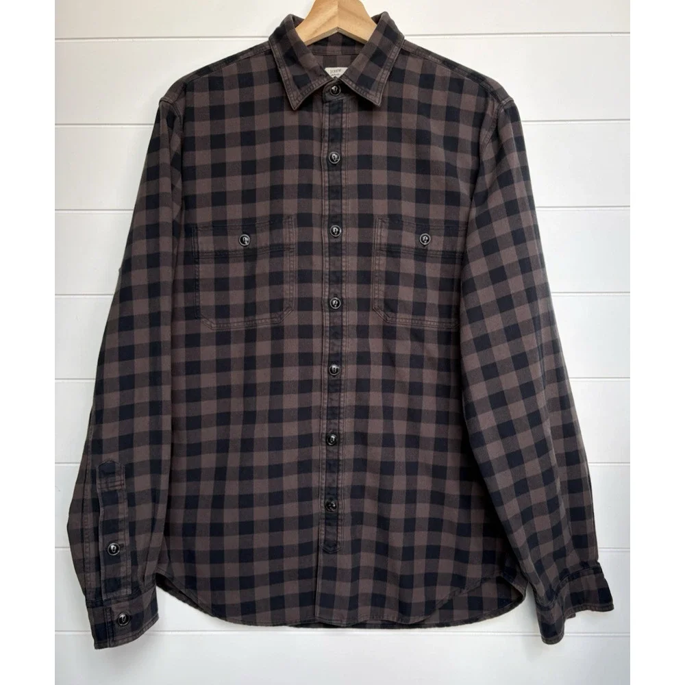 J CREW Buffalo Plaid Cotton Flannel Shirt Brown Black Button Up Mens M Casual